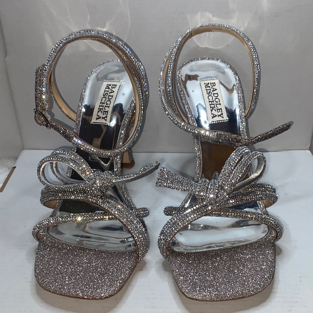 Badgley Mischka Silver Glitter Bow Strappy Heels